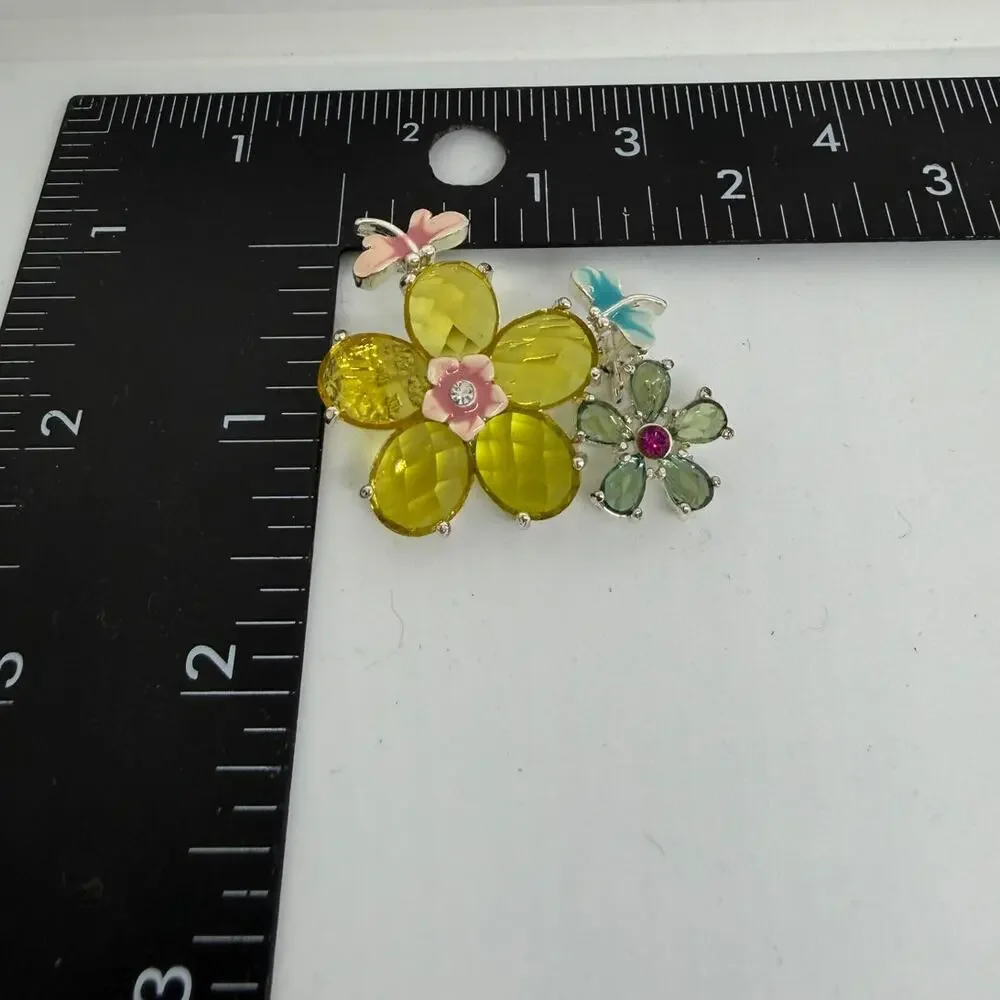 VINTAGE Butterfly Floral Brooch Pink Blue Enamel Green Yellow Crystal Flower Pin
